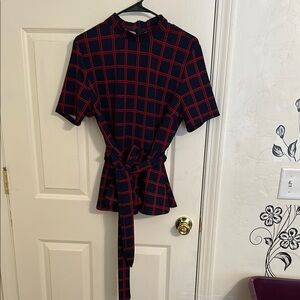 Navy and Red Plaid Belted Peplum Top